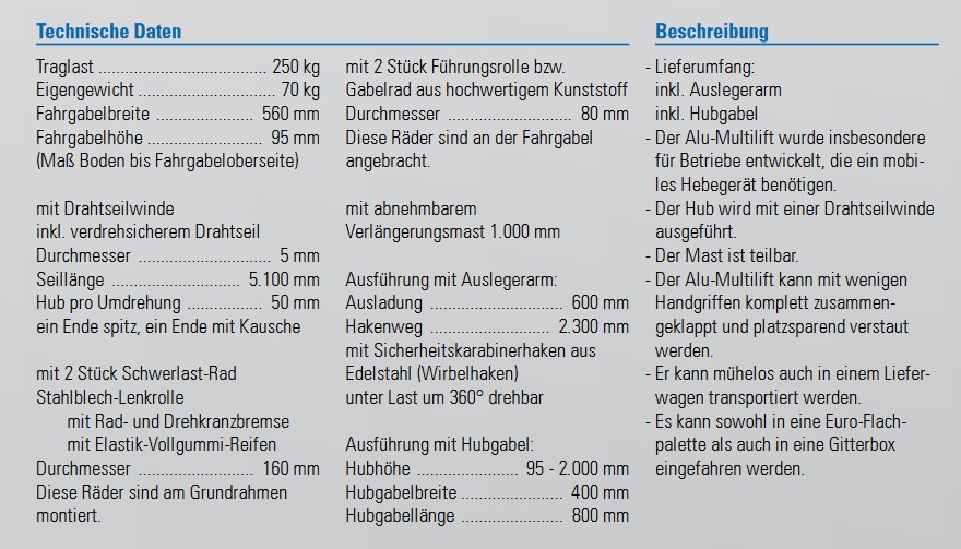 Alu-Multilift - technische daten